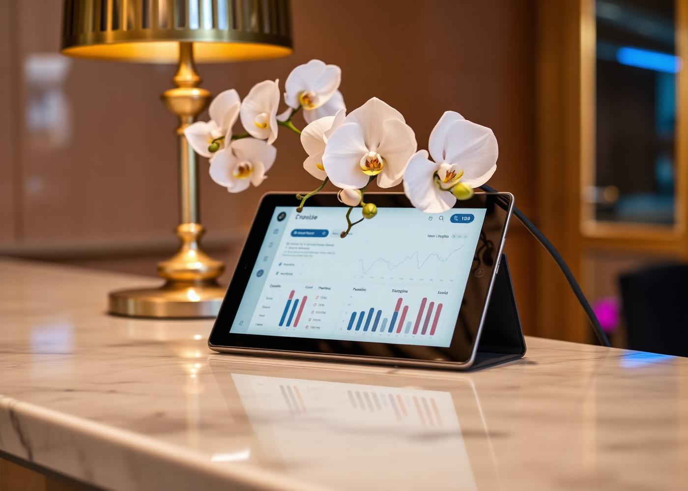 Concierge desk with orchids and analytics tablet