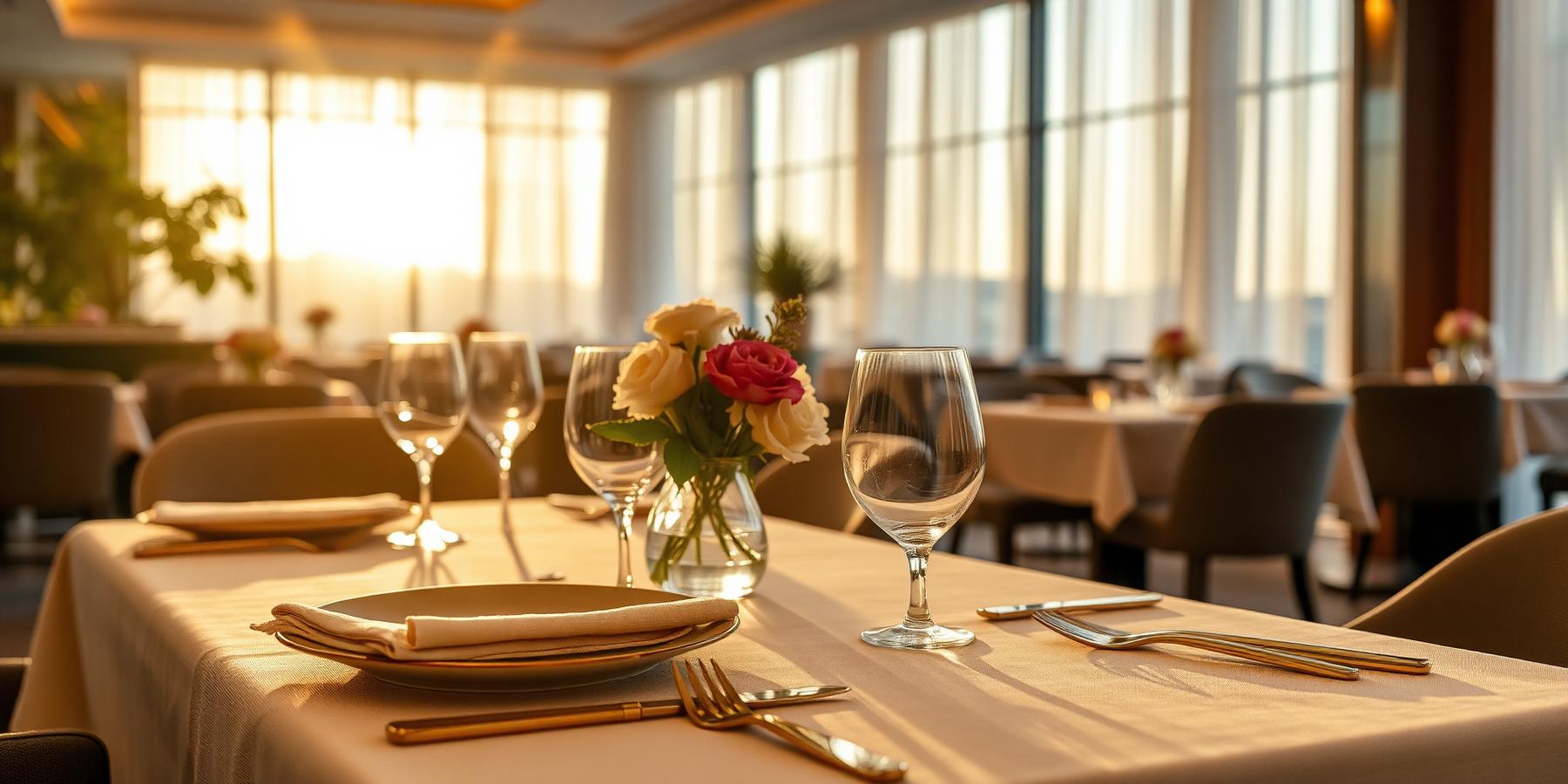 Elegant hotel restaurant table setting at golden hour